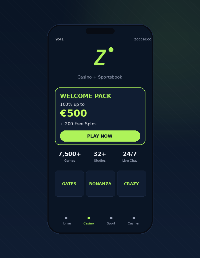Zoccer Casino mobil - 100% upp till 5 000 kr + 200 free spins välkomsterbjudande